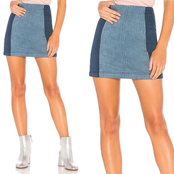 FREE PEOPLE Modern Femme Skirt Colorblock Mini Denim Jean Two Tone Block Size 4 - Picture 4 of 11